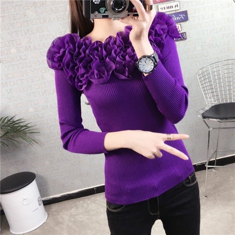 One-line Neck Strapless Short Sexy Long-sleeved Slim Knit Sweater