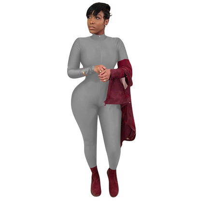 Women's Solid Color Long Zipper Tight-fitting Sexy Long-sleeved Jumpsuit