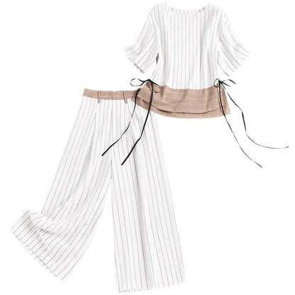 Two Fashionable Striped Casual Suit T-shirt Wide-leg Pants