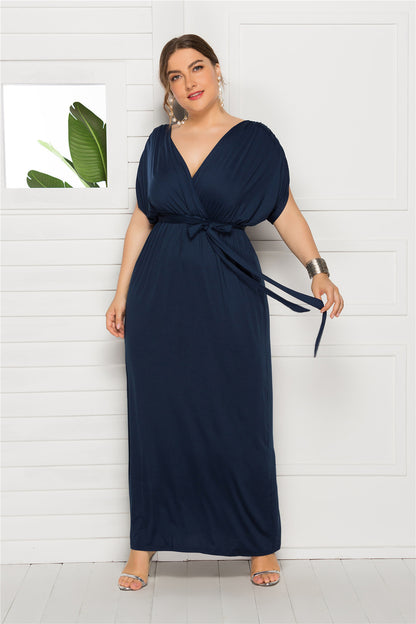 Plus Size Solid Color V-Neck Loose Swing Dress